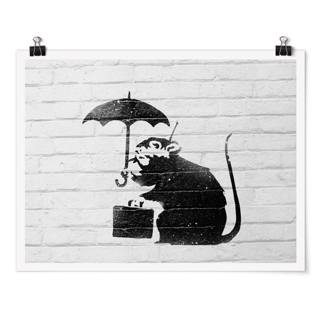 Tableaux noir et blanc Ratte mit Regenschirm - Brandalised ft. Graffiti by Banksy