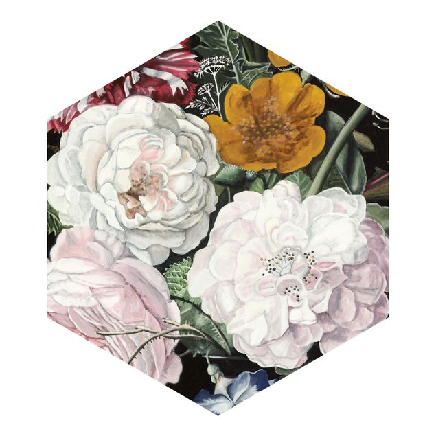 Papier peint hexagonal autocollant avec dessins - Baroque Bouquet