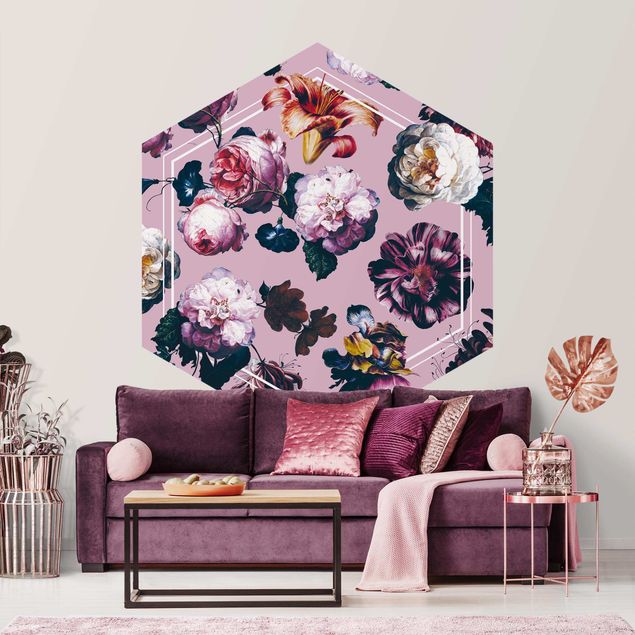 Papier peint floral Fleurs baroques à géométrie blanche en rose