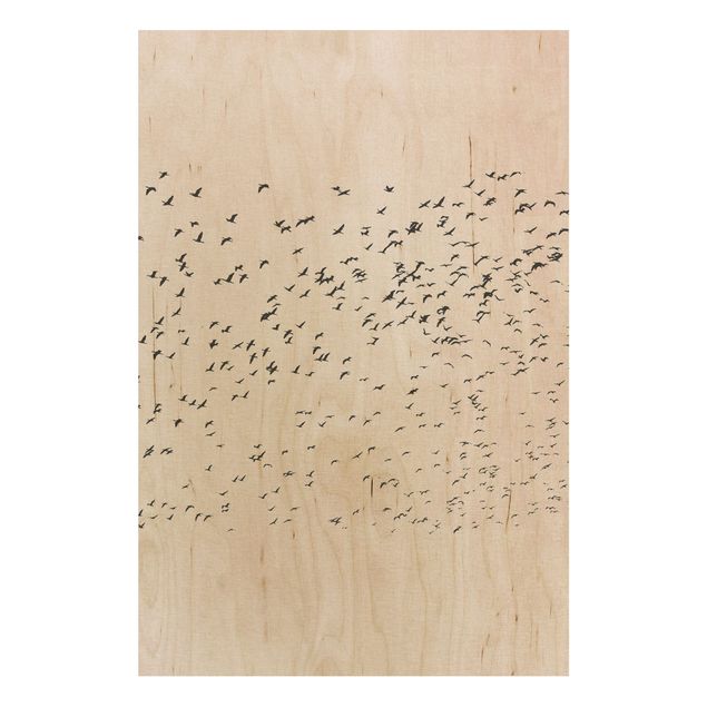 Tableaux en bois avec paysage Volée d'oiseaux au coucher du soleil