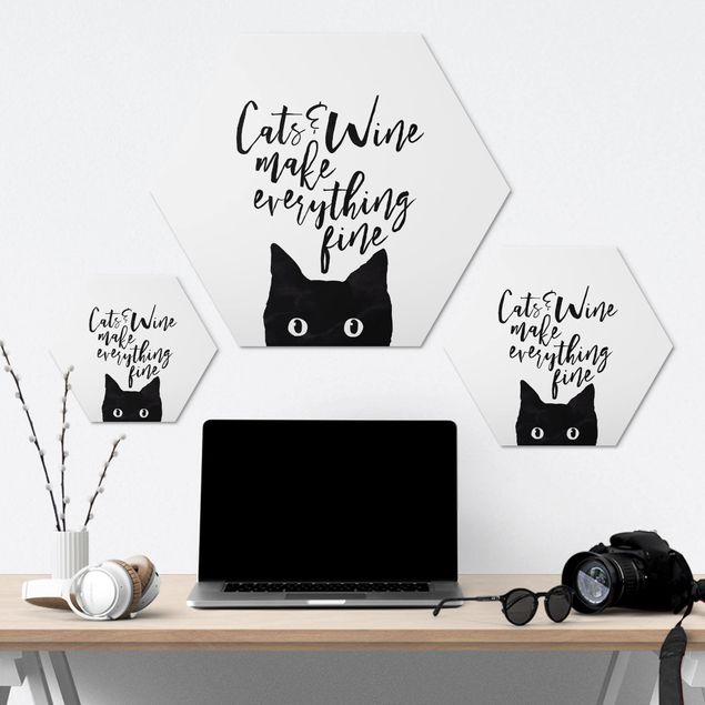 Tableau hexagon Cats And Wine make Everything Fine - Chats et vin