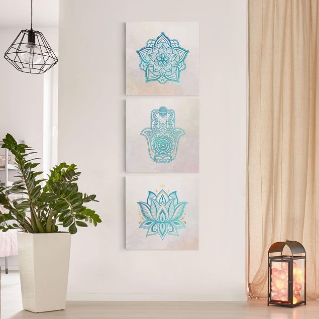 Tableaux modernes Mandala La main de Fatma Lotus Illustration Or Bleu