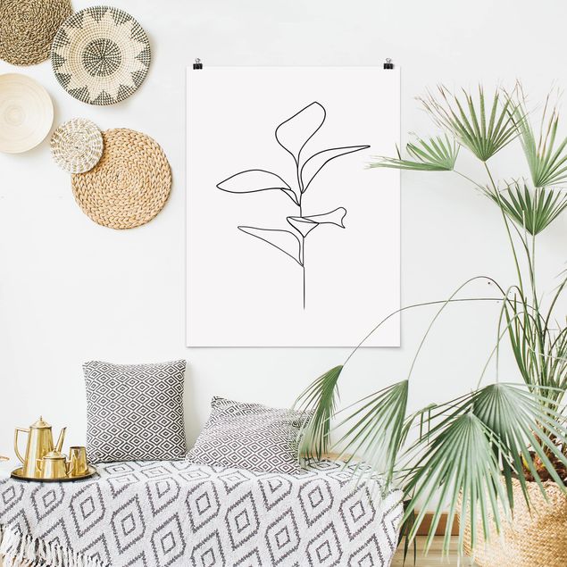 Poster mural fleurs Line Art Feuilles de plantes Noir et Blanc