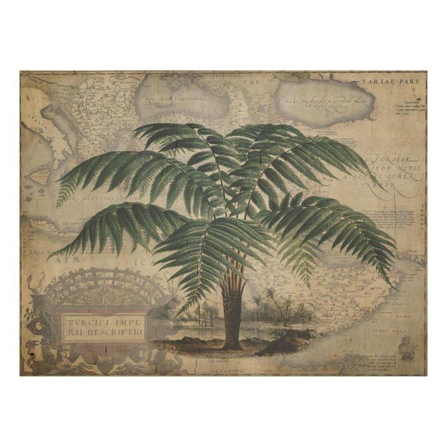 Tableaux en bois avec fleurs Collage Vintage - Palmier et carte du monde