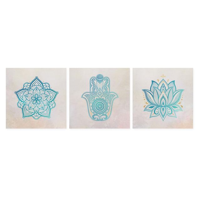 Tableau bleu Mandala La main de Fatma Lotus Illustration Or Bleu