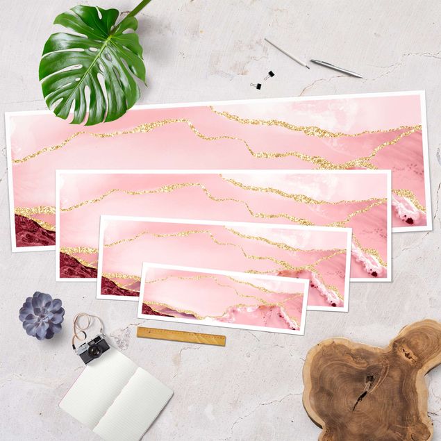 Tableau décoration Montagnes abstraites roses avec lignes dorées