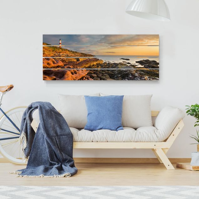 Tableaux en bois avec paysage L'océan et le phare de Tarbat Ness au coucher du soleil