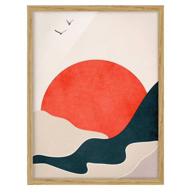 Poster encadré abstrait Montagnes dans un coucher de soleil rouge