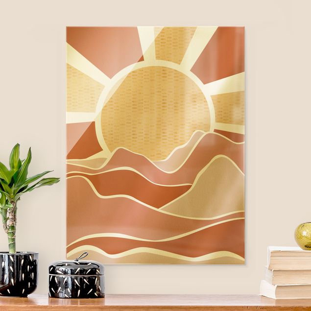 Tableaux en verre coucher de soleil Paysage montagneux avec lever de soleil doré