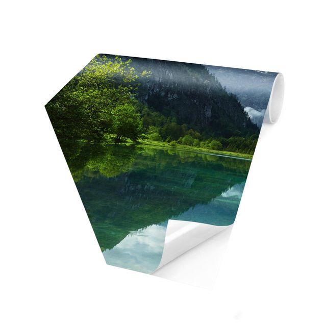 Papier peint panoramique forêt Lac de montagne avec reflet de l'eau