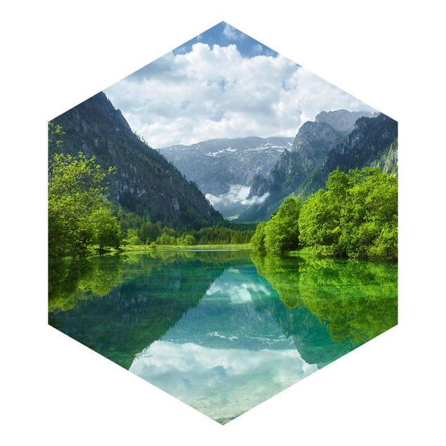 Papier peint panoramique paysage Lac de montagne avec reflet de l'eau