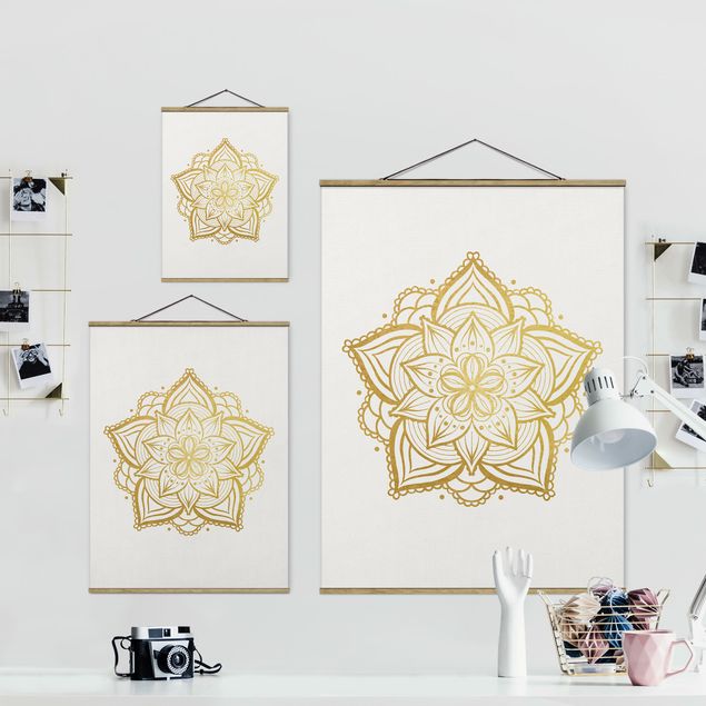 Tableau textile Illustration Mandala Fleur Or Blanc