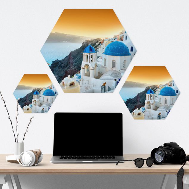 Tableau hexagonal Coucher de soleil à Santorin