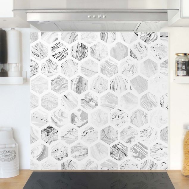 Déco murale cuisine Hexagones de marbre en grisaille