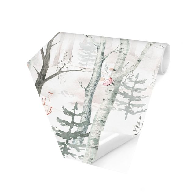 Papier peint fleurs Forêt de bouleaux avec coquelicots