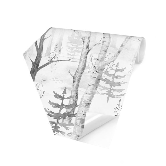 Papier peint floral Forêt de bouleaux avec coquelicots noir blanc