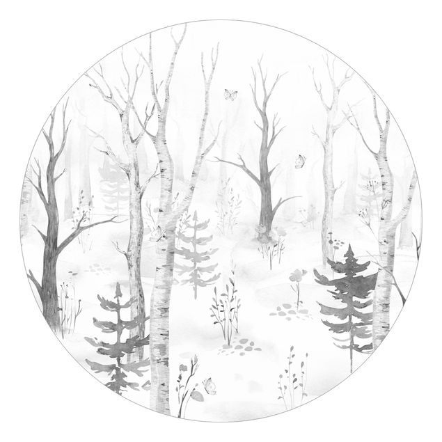 Tapisserie moderne Forêt de bouleaux avec coquelicots noir blanc