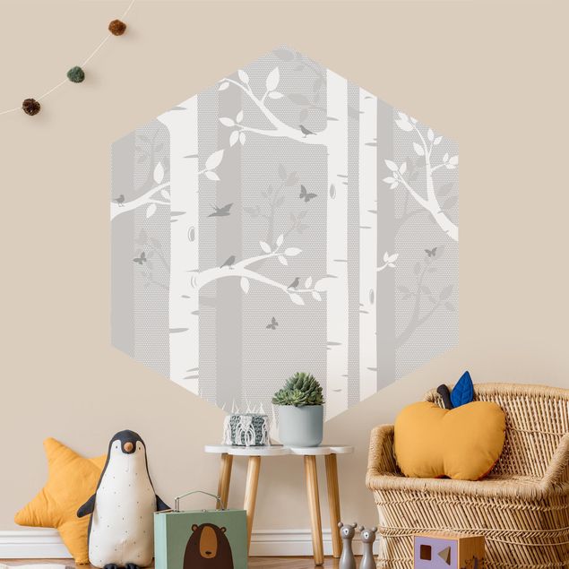 Papiers peints modernes Forêt de bouleaux avec papillons et oiseaux