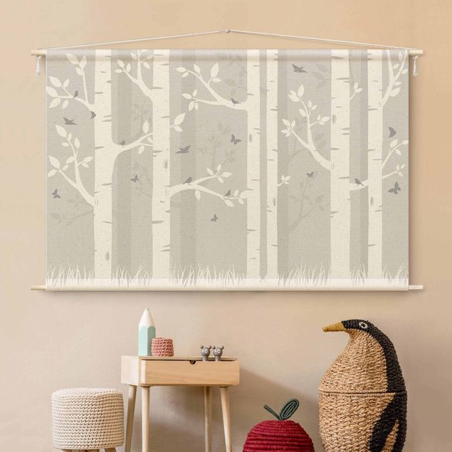Tableau arbre Birch Forest With Butterflies And Birds