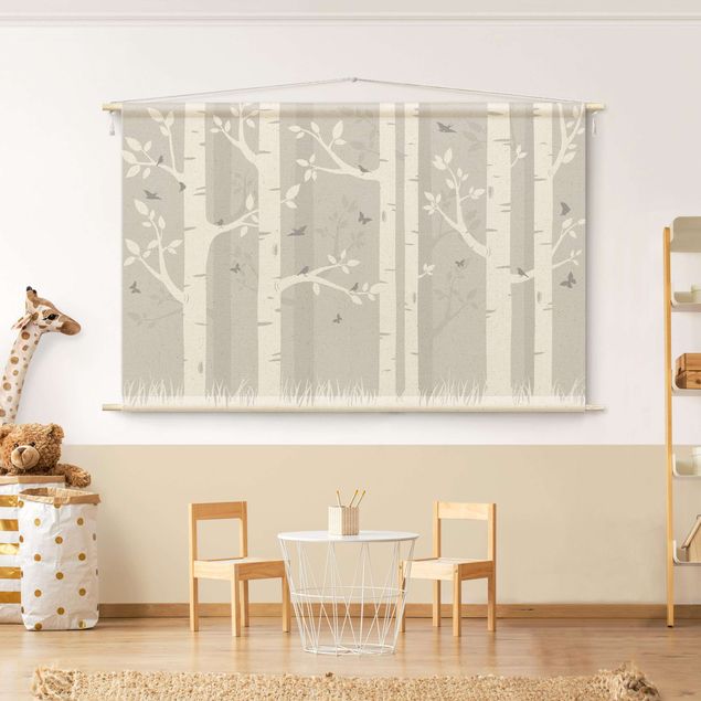 Tableau paysages Birch Forest With Butterflies And Birds