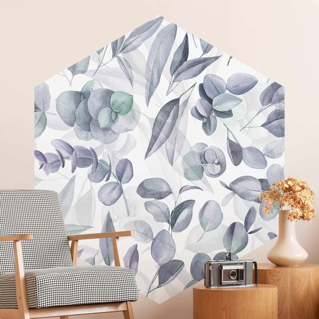 Papiers peints modernes Feuilles d'Eucalyptus Aquarelle Bleu