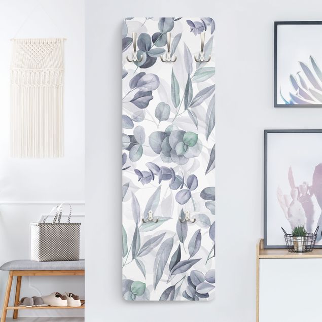 Porte-manteaux muraux avec fleurs Feuilles d'Eucalyptus Aquarelle Bleu