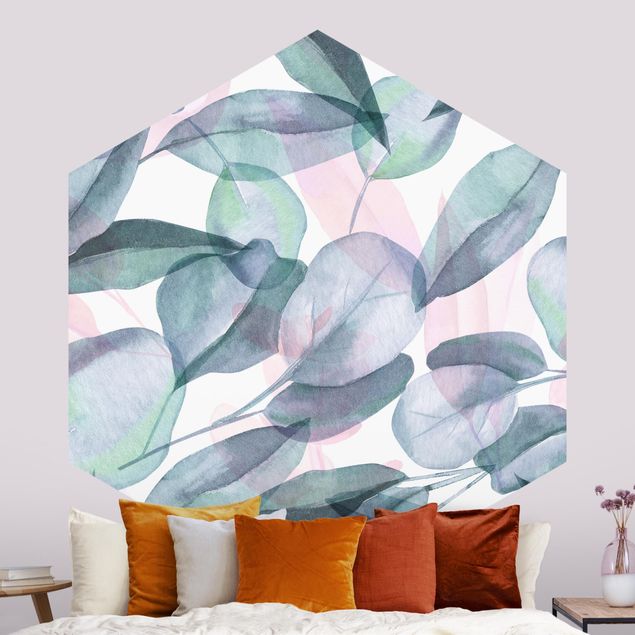 Papier peint moderne Feuilles d'Eucalyptus Bleues et Roses à l'Aquarelle