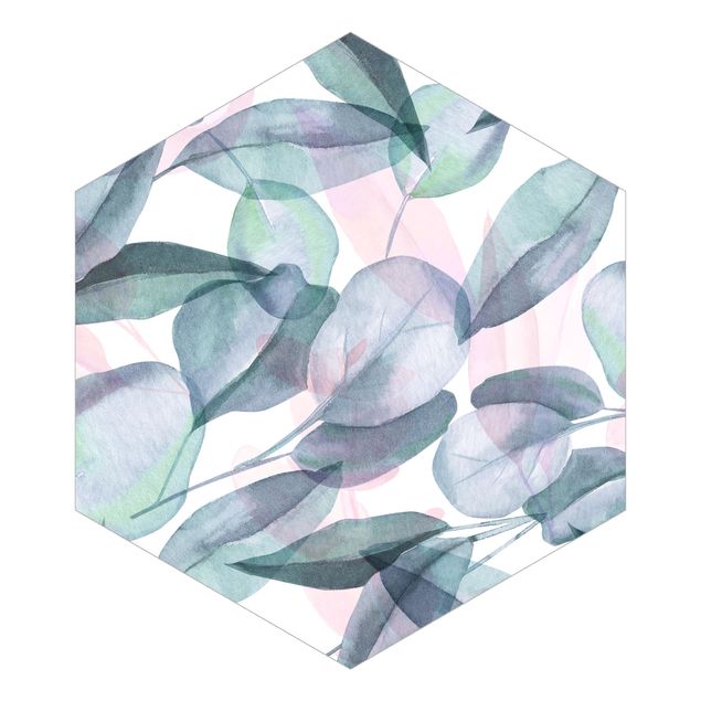 Papier peint hexagonal autocollant avec dessins - Blue And Pink Eucalyptus Leaves Watercolour