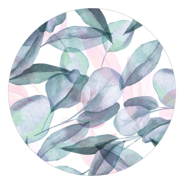 papier peint graphique Feuilles d'Eucalyptus Bleues et Roses à l'Aquarelle