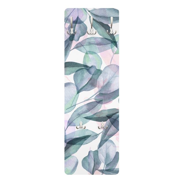 Porte manteau mural rose Feuilles d'Eucalyptus Bleues et Roses à l'Aquarelle
