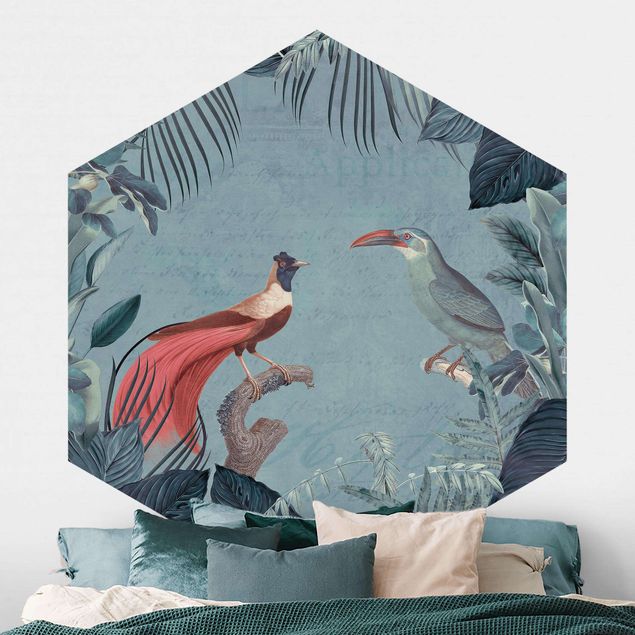 Déco murale cuisine Paradis bleu gris avec oiseaux tropicaux