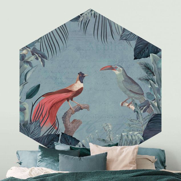 Papiers peints oiseaux Paradis bleu gris avec oiseaux tropicaux