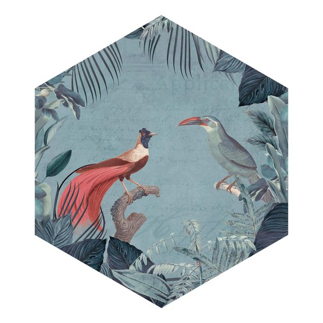 Papiers peints bleu Paradis bleu gris avec oiseaux tropicaux