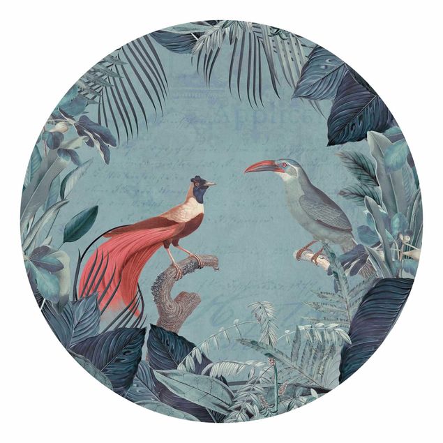 Papier peint floral Paradis bleu gris avec oiseaux tropicaux