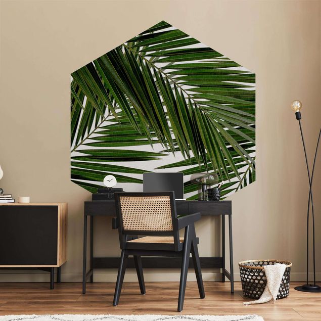 papier peint fleuri Vue à travers des feuilles de palmier vertes