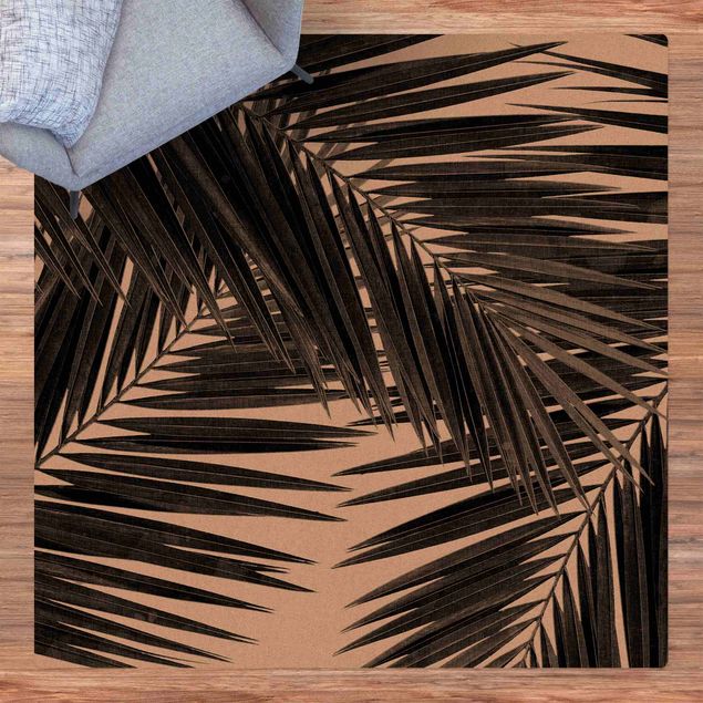 tapis contemporain Vue sur des feuilles de palmier noir et blanc