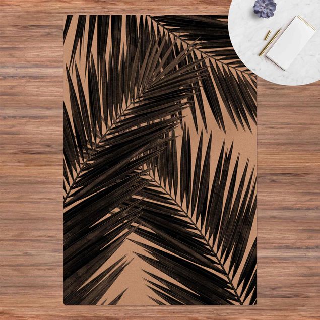 tapis modernes Vue sur des feuilles de palmier noir et blanc