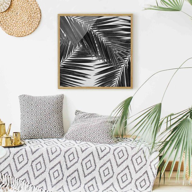 Tableau paysage Vue sur des feuilles de palmier noir et blanc