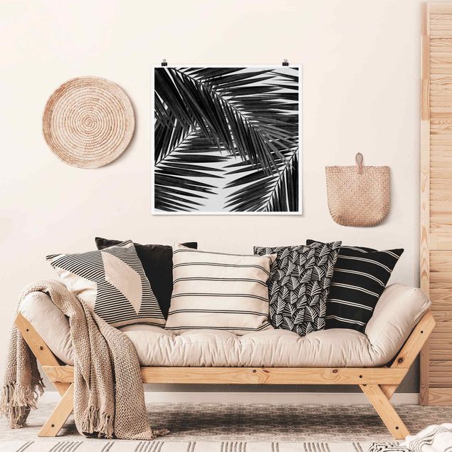 Tableau paysage Vue sur des feuilles de palmier noir et blanc