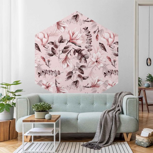 Papier peint moderne Fleurs et feuilles grises devant un tableau rose
