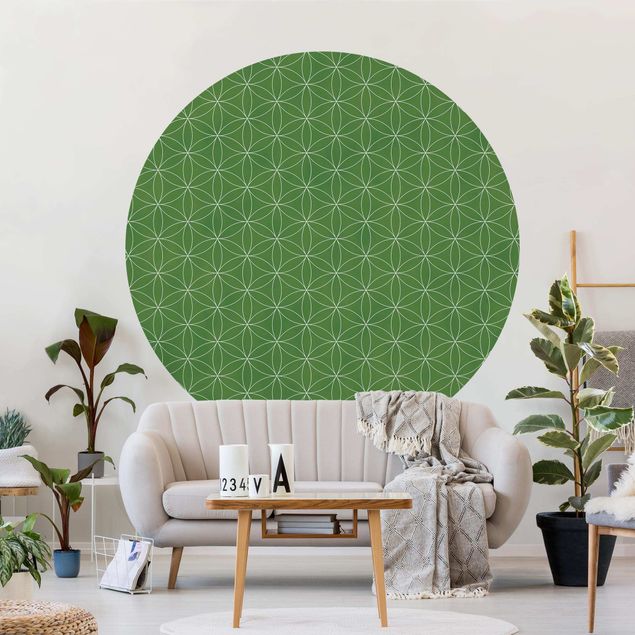 Papier peint géométrique Fleur de vie motif à ligne vert