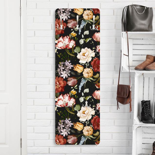 Porte-manteaux muraux avec fleurs Flowers Watercolour Vintage Pattern on Black