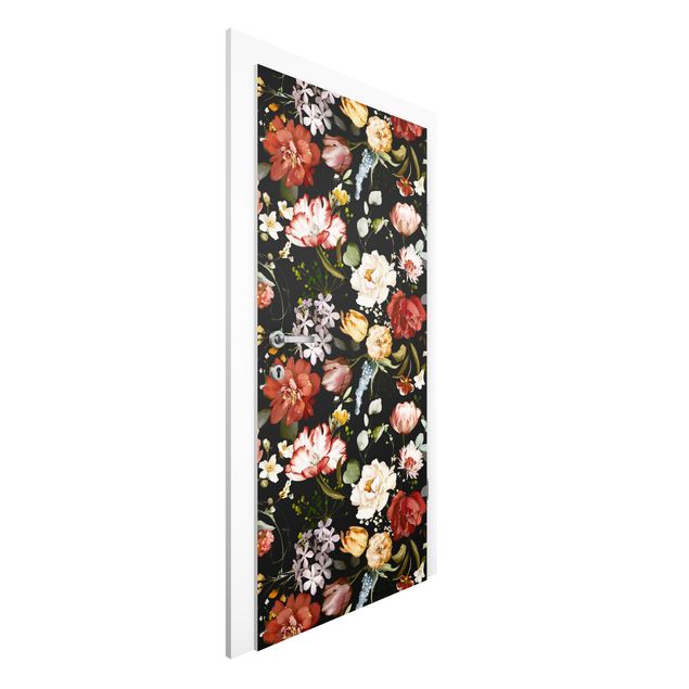 Papiers peints pour portes fleurs Motif floral vintage sur fond noir aquarelle