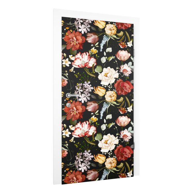 Papier peint fleur rose Motif floral vintage sur fond noir aquarelle