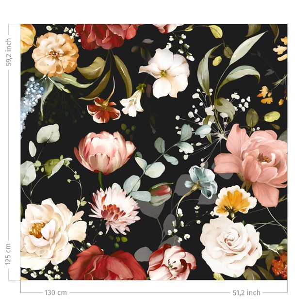 rideau à fleurs chic Motif floral vintage sur fond noir aquarelle