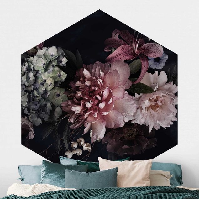 Papier peint hexagonal autocollant avec dessins - Flowers With Fog On Black