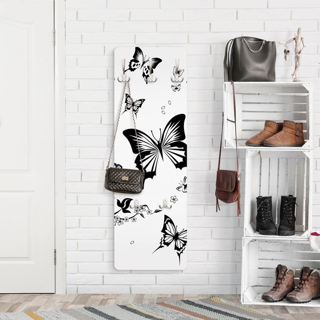 Porte-manteaux muraux noir et blanc Fleurs et papillons