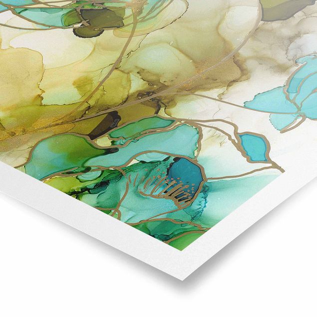 Tableau turquoise Facettes de fleurs à l'aquarelle