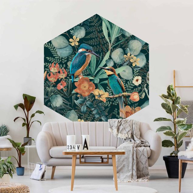 Papier peint moderne Paradis floral martin-pêcheur et colibri