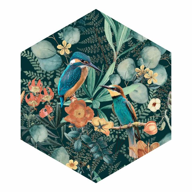 Papier peint vert Paradis floral martin-pêcheur et colibri